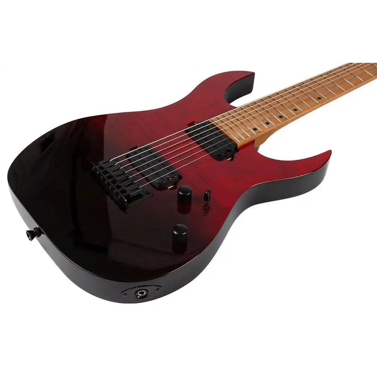 Spira S-457 TRD 7-string electric guitar with transparent red and black solid body, flamed maple top.