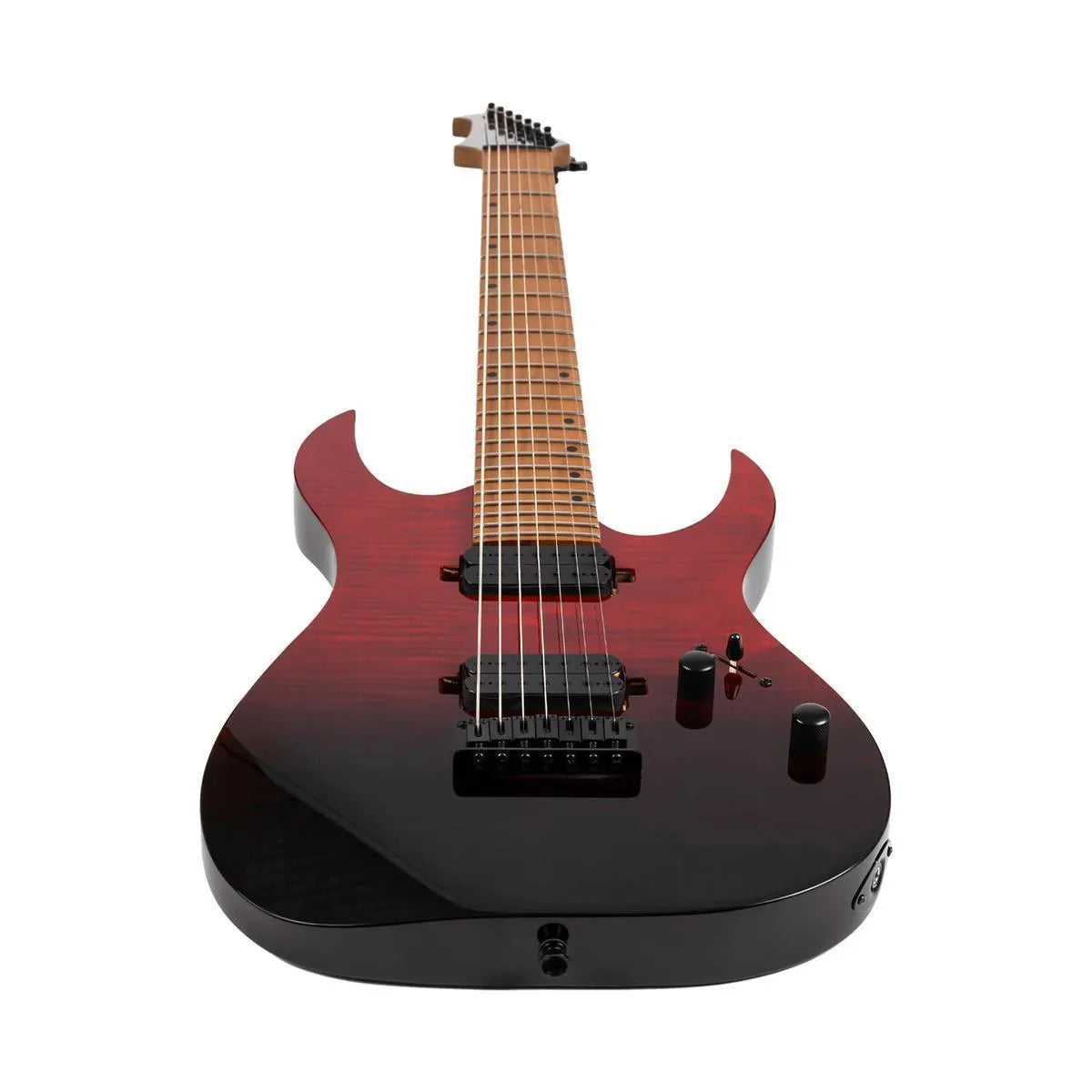 Spira S-457 TRD 7-string electric guitar with transparent red and black solid body, flamed maple top.