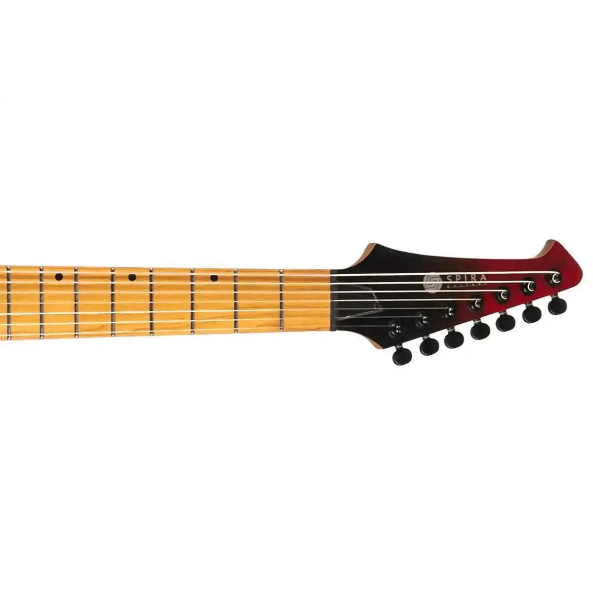 Spira S-457 TRD 7-string electric guitar headstock and roasted maple fretboard.