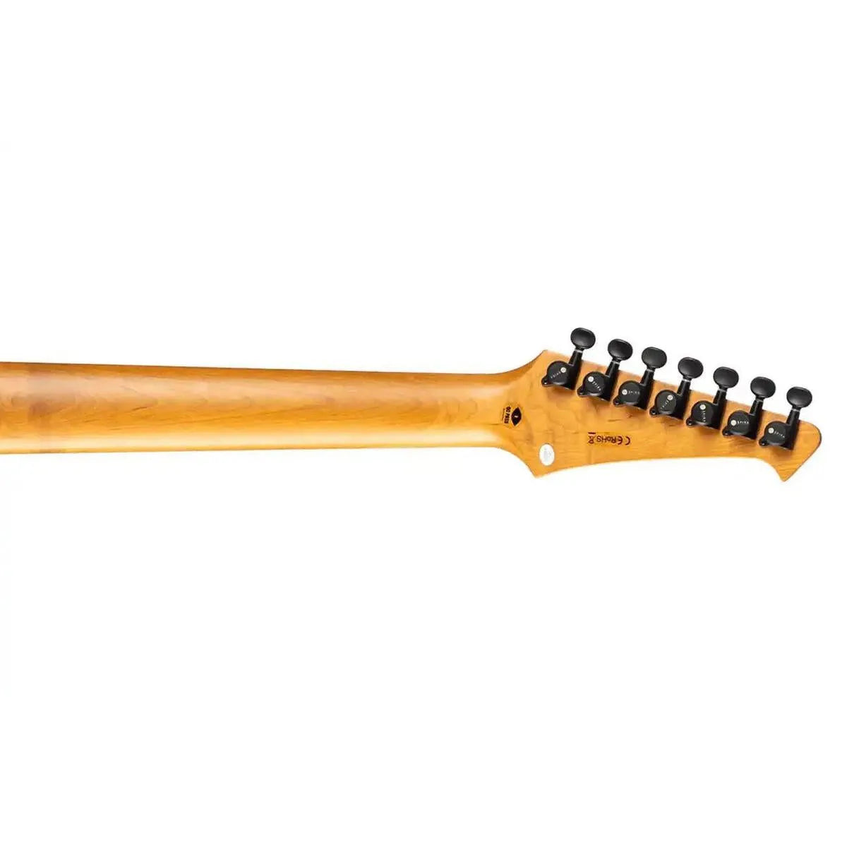 Spira S-457 TRD 7-string electric guitar headstock and neck, light wood with black tuners.