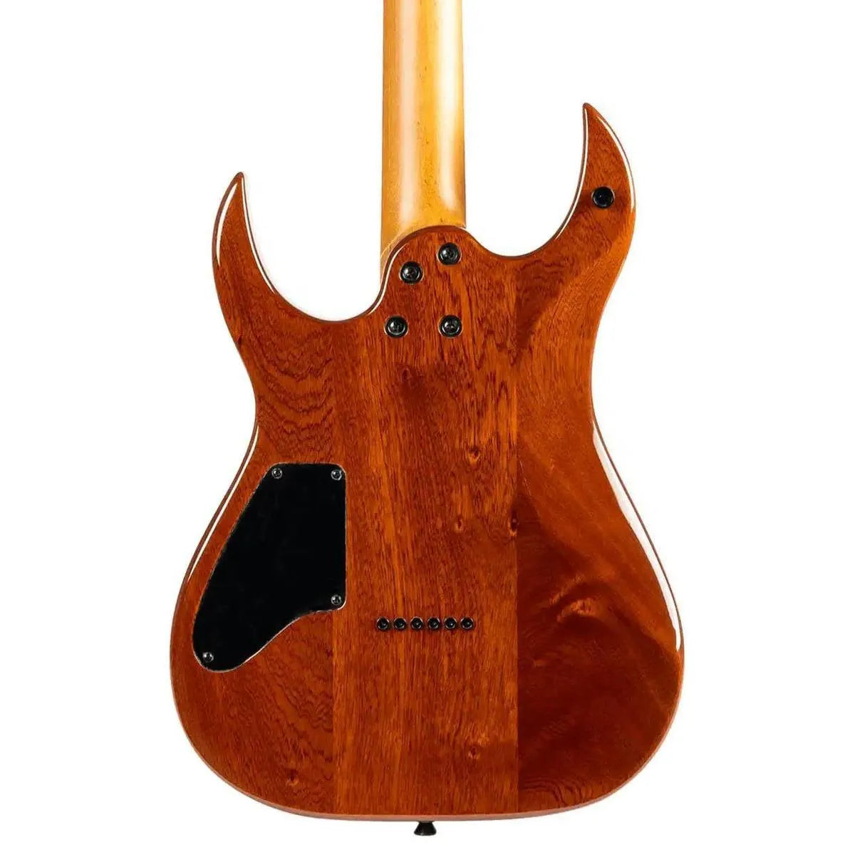 Back of a Spira S-500 QAB Stratocaster electric guitar with mahogany body and roasted maple neck.
