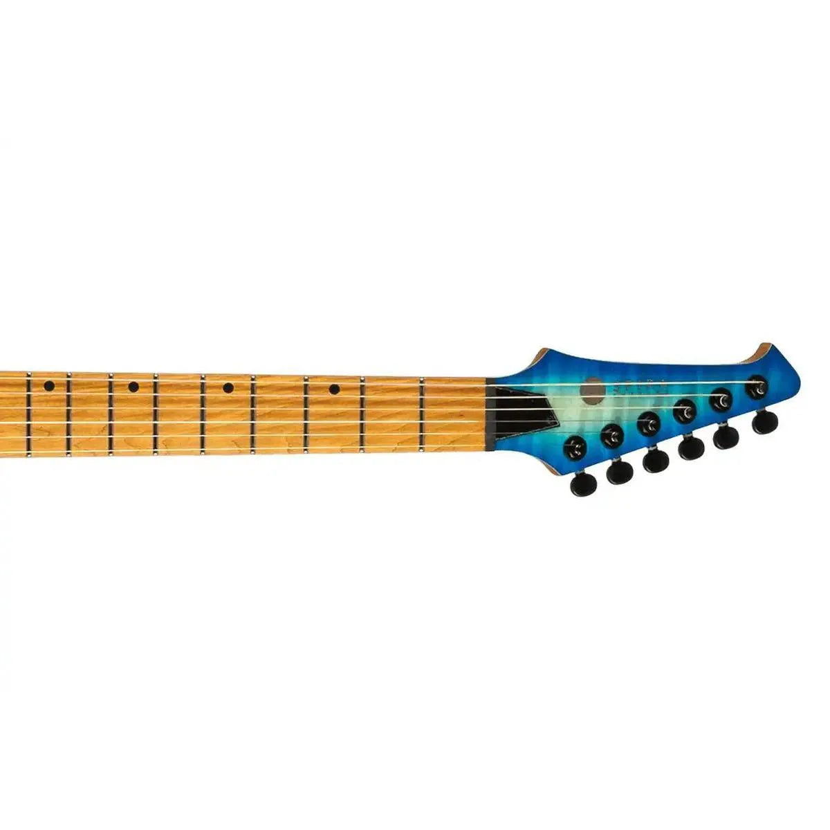 Spira S-500 QAB electric guitar headstock and roasted maple fretboard in transparent aqua blue.