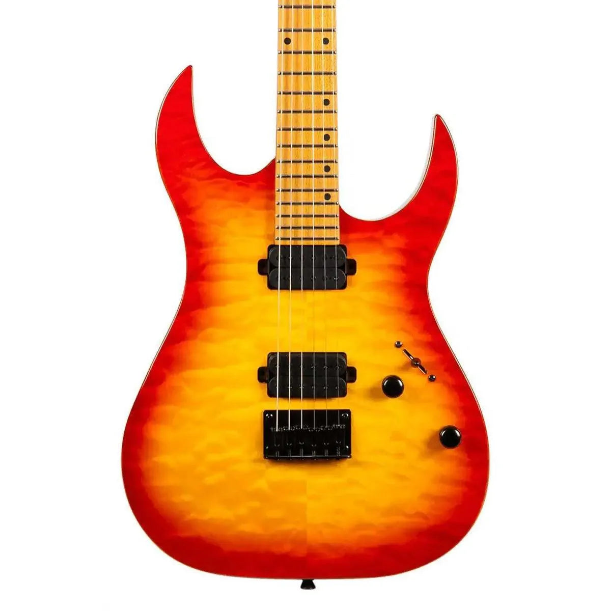 Spira S-500 QFB Fireburst Stratocaster electric guitar with quilted maple top and roasted maple fretboard.