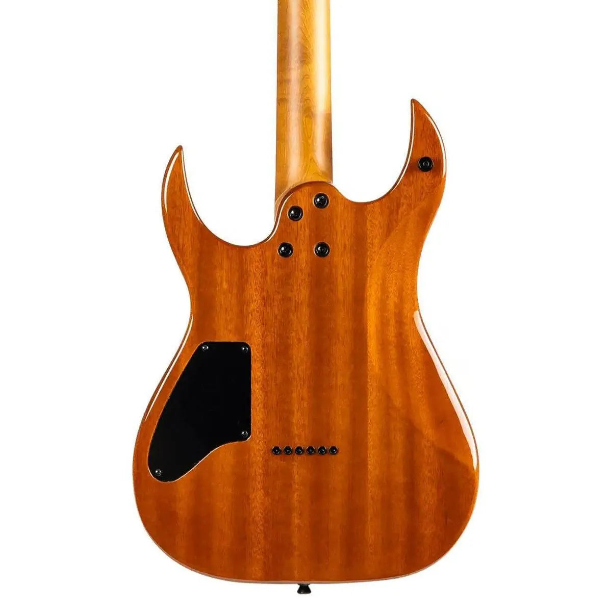 Back of a Spira S-500 QFB Fireburst Stratocaster electric guitar, showing its mahogany body and roasted maple neck.