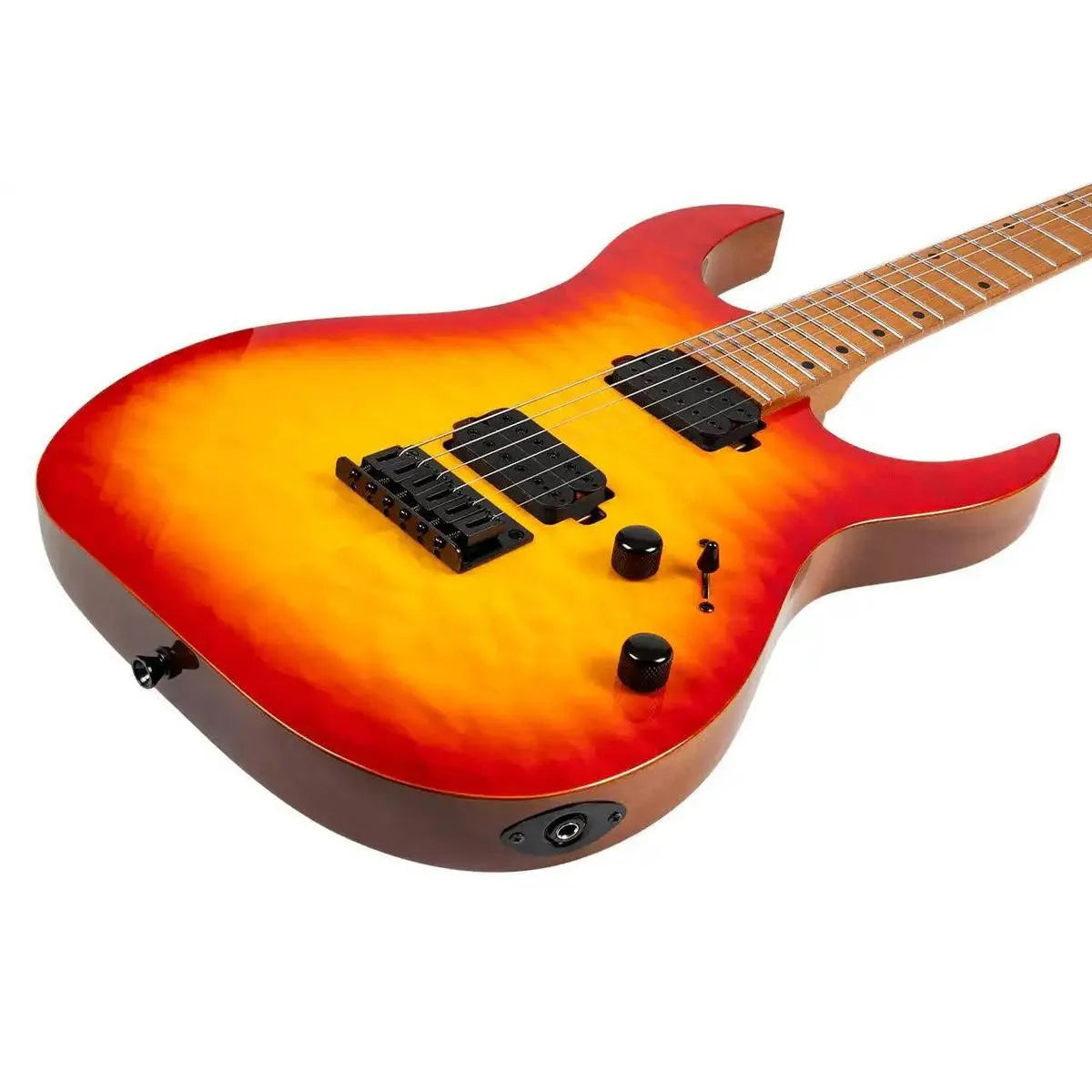 Spira S-500 QFB Fireburst Stratocaster electric guitar with quilted maple top and roasted maple neck.