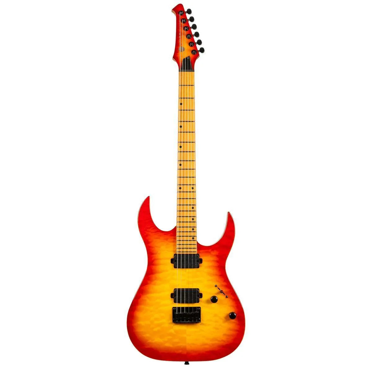 Spira S-500 QFB Fireburst Stratocaster electric guitar with quilted maple top and roasted maple neck.