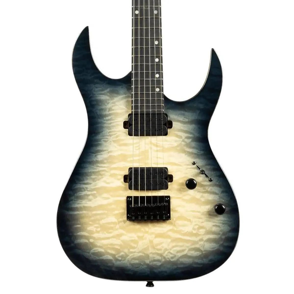 Spira S-500 QGY E electric guitar with transparent grey quilted maple top and black hardware.