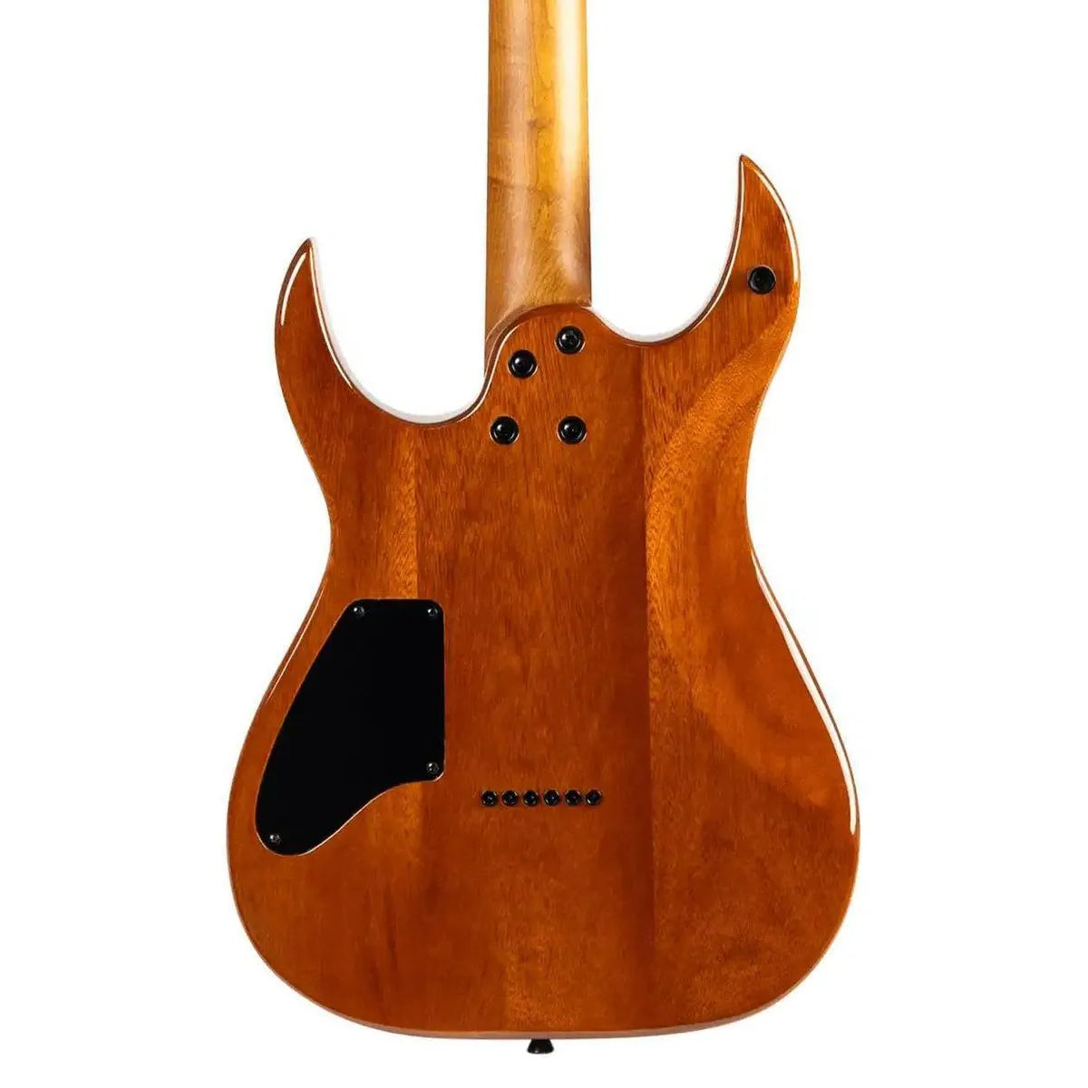 Spira S-500 electric guitar back, showing mahogany body, roasted maple neck, and black control plate.