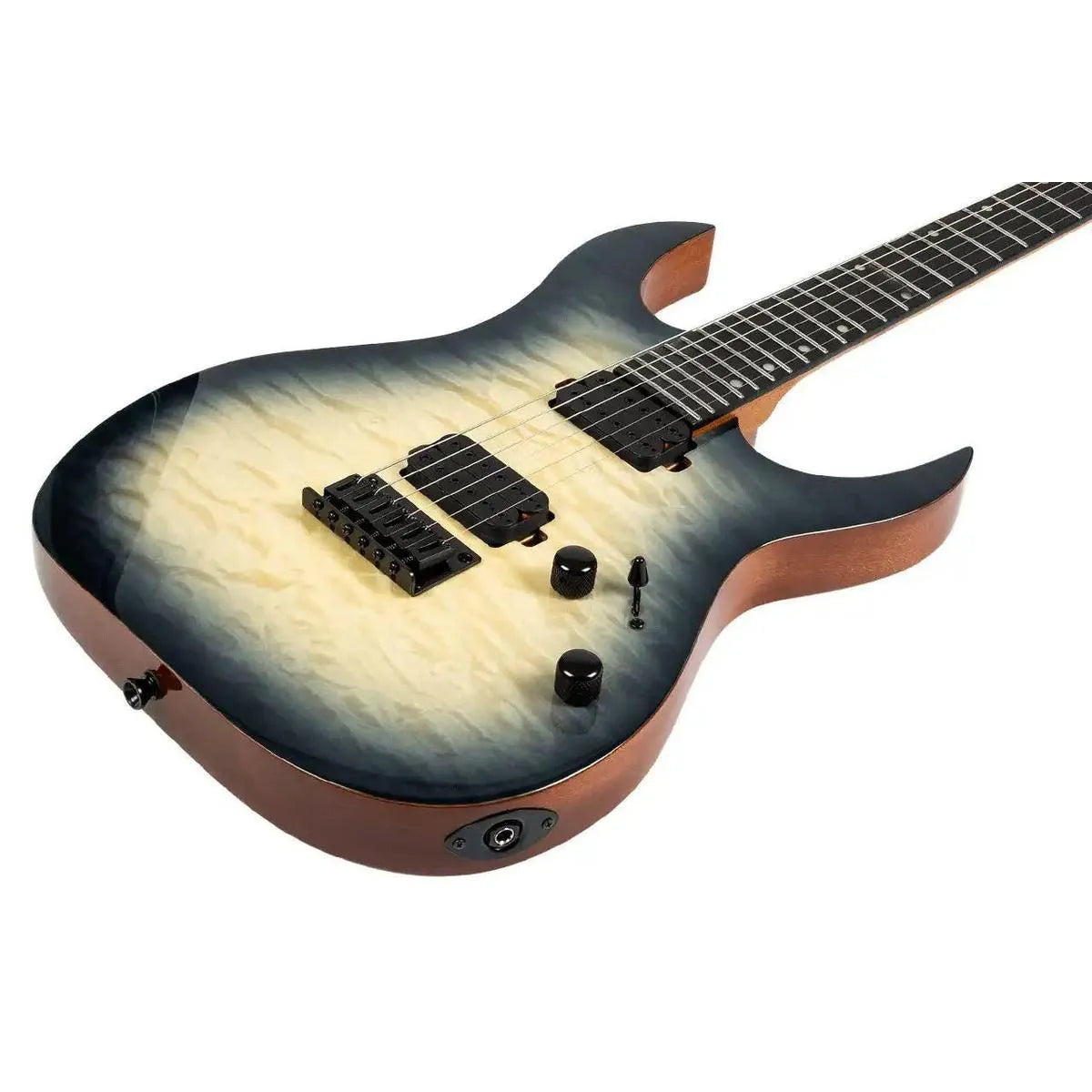Spira S-500 QGY E electric guitar with transparent grey gloss finish over quilted maple top.