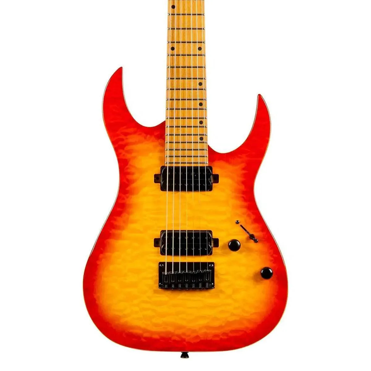 Spira S-507 QFB Fireburst 7-string electric guitar with quilted maple top, red-orange finish.