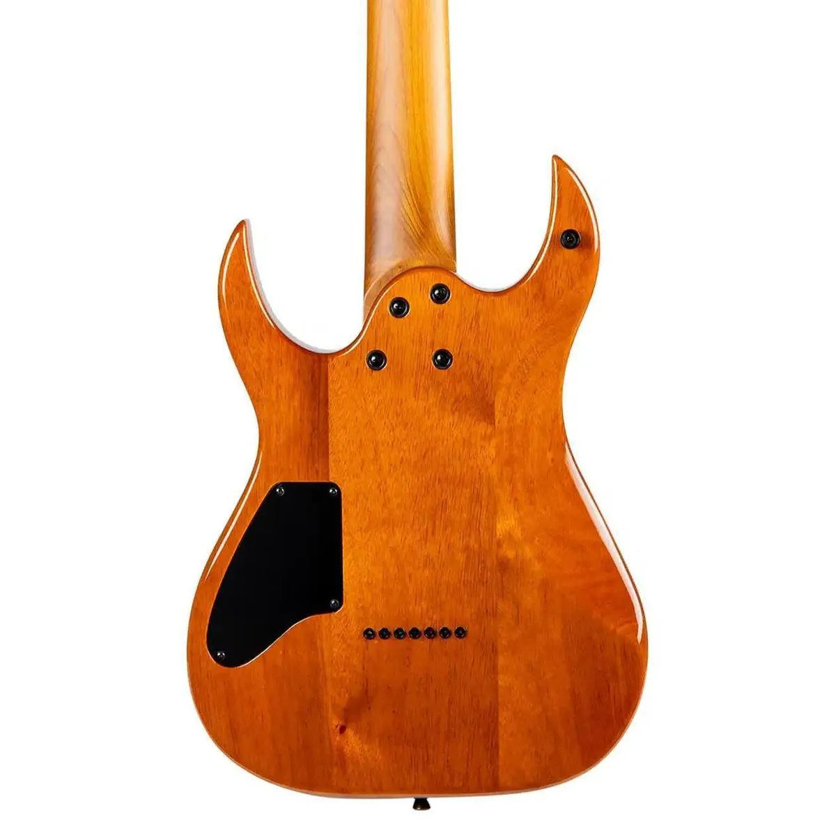 Back of a Spira S-507 7-string electric guitar with a natural wood finish and black cover plate.