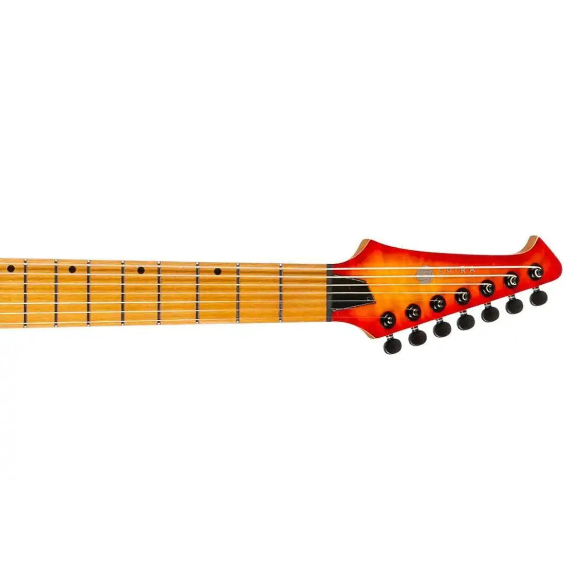 Spira S-507 QFB 7-string electric guitar headstock and roasted maple neck with Fireburst finish.