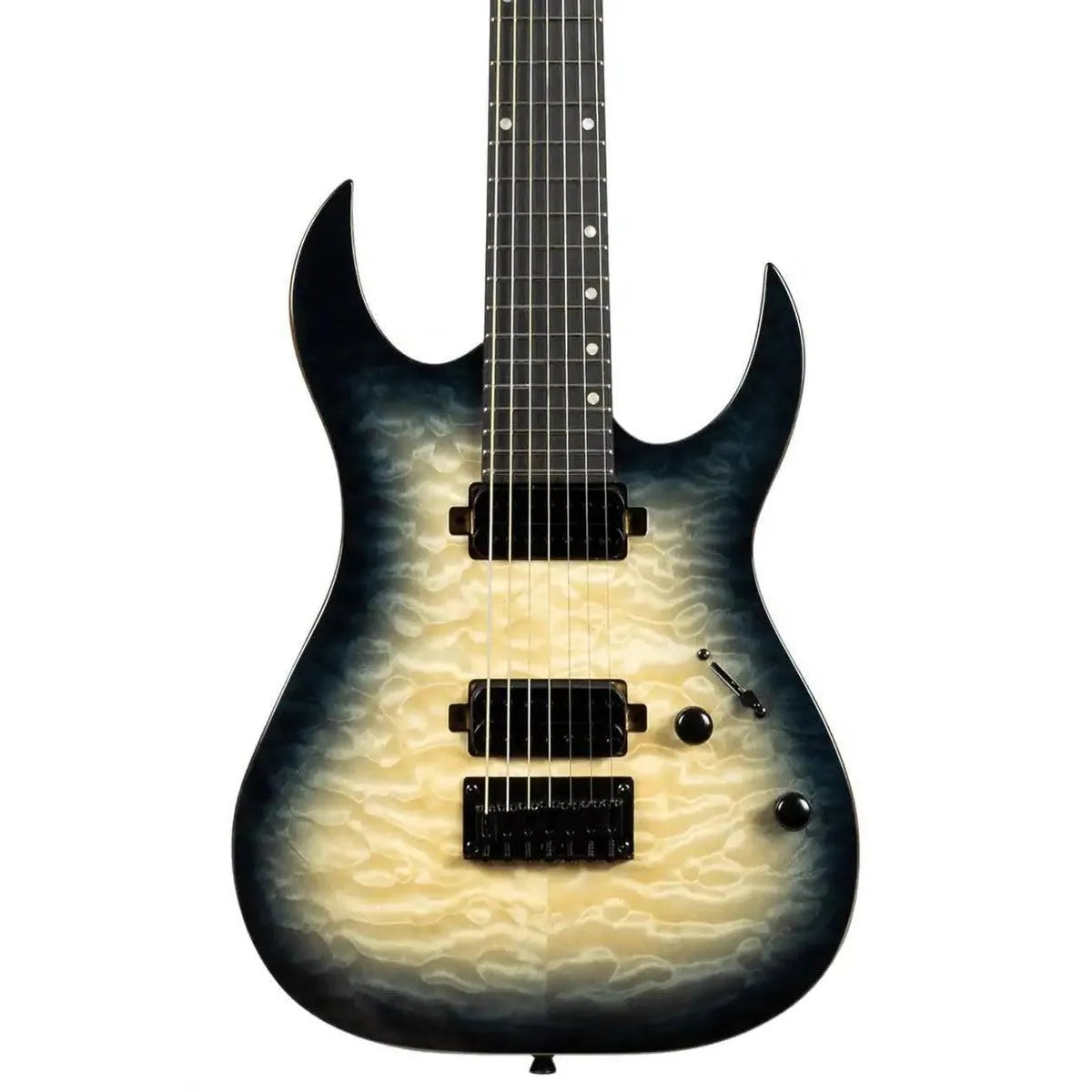 Spira S-507 QGY E 7-string electric guitar with transparent grey quilted maple top and black hardware.