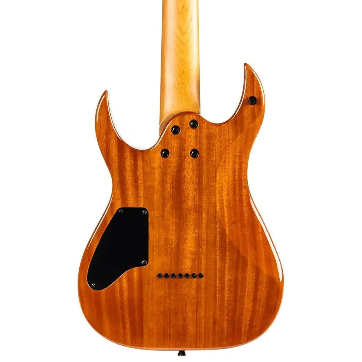 Back of a Spira S-507 QGY E 7-string electric guitar, showing its mahogany body and roasted maple neck.