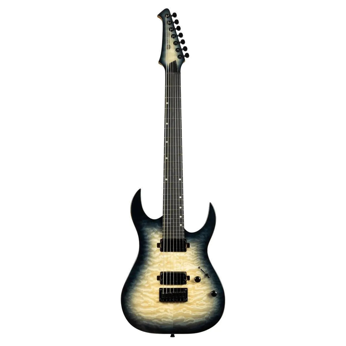 Spira S-507 QGY E 7-string electric guitar with transparent grey quilted maple top and black hardware.