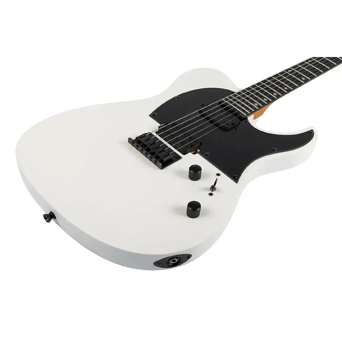 Spira T-400 MWH satin white solid body electric guitar with black hardware and pickguard.