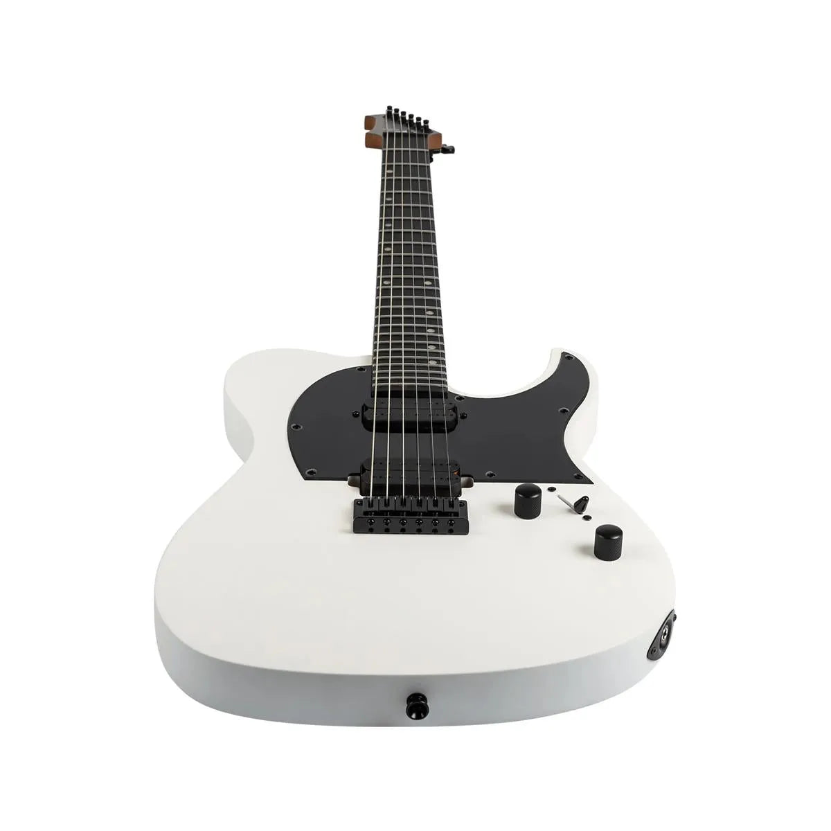 Spira T-400 MWH satin white solid body electric guitar with black pickguard and hardware.