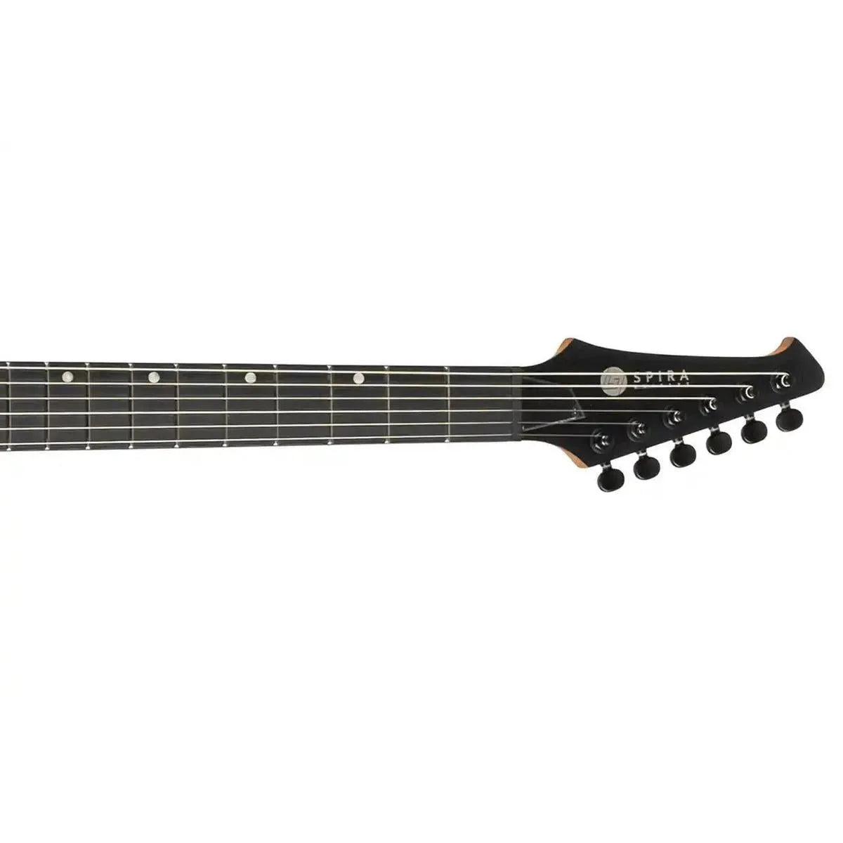 Spira T-400 Telecaster electric guitar headstock and fretboard with black tuners and ebony tech.