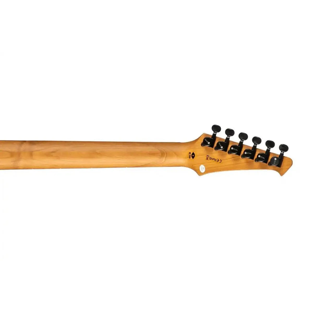 Spira T-400 Telecaster electric guitar's roasted maple neck and black tuners on the headstock.