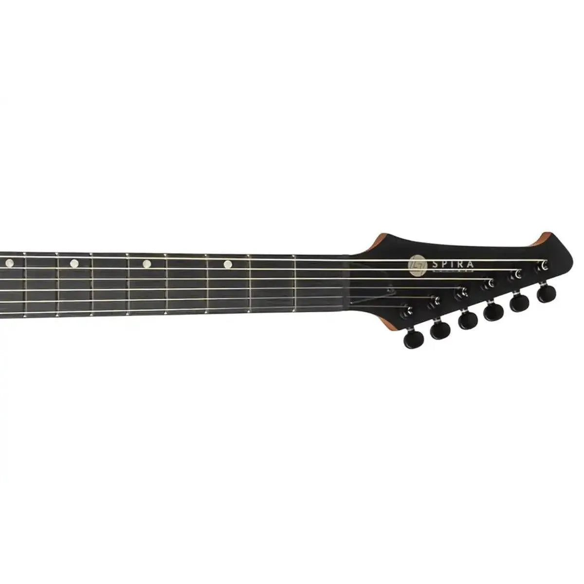 Spira T-400 MWR Telecaster electric guitar headstock and fretboard with black tuners and white dot inlays.
