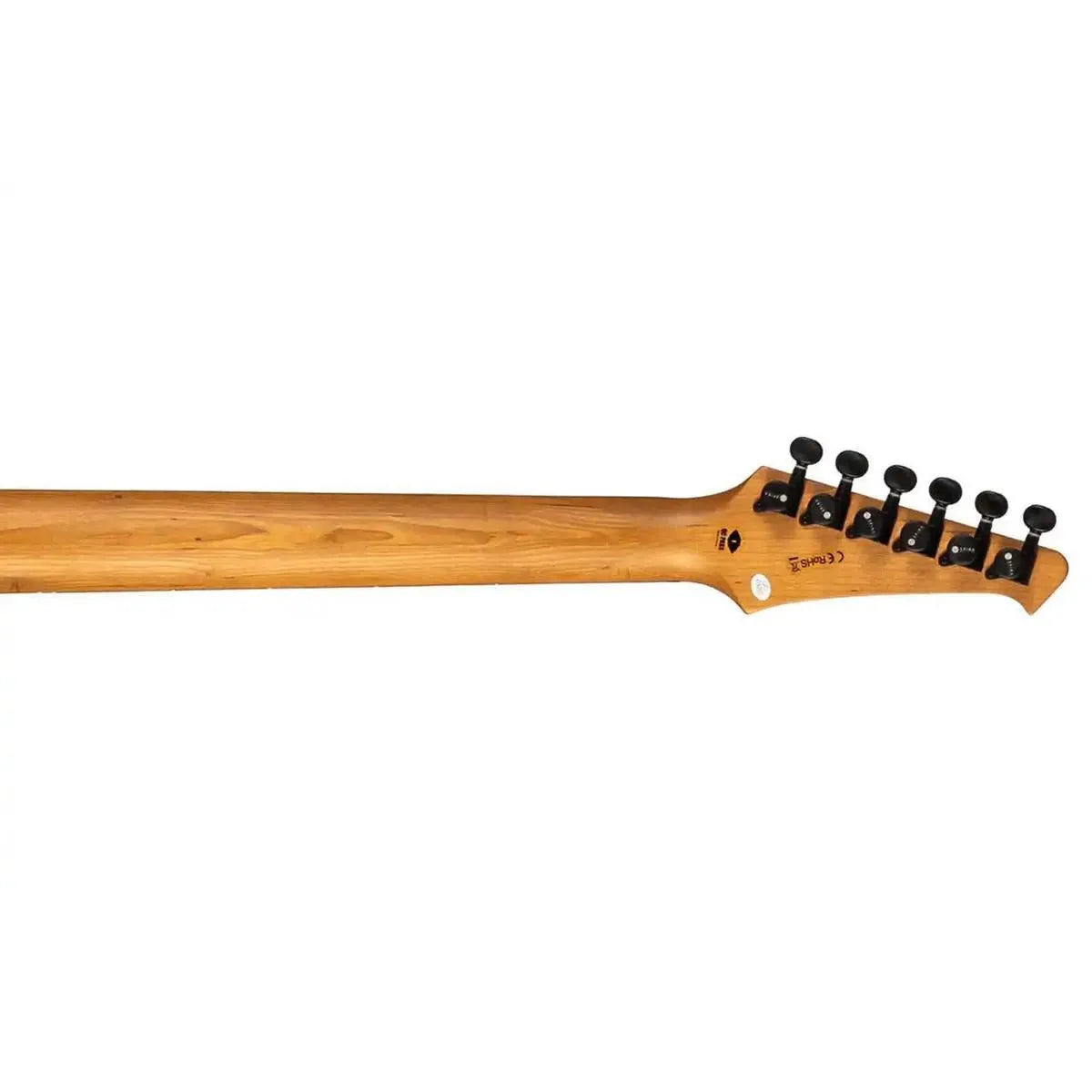 Spira T-400 MWR Telecaster electric guitar's roasted maple neck and headstock with black tuners.