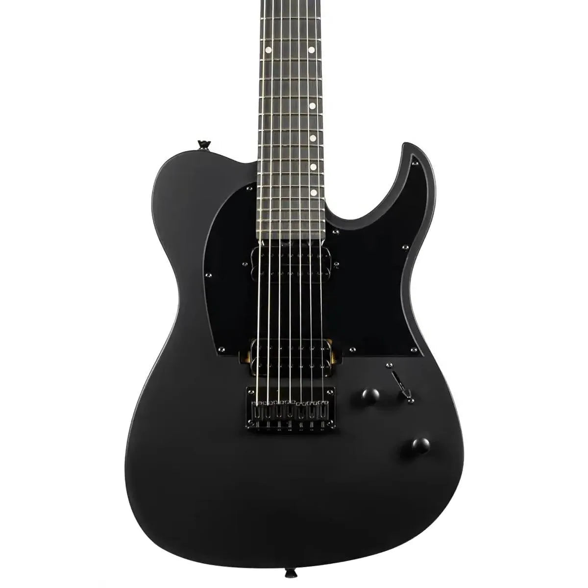Spira T-407 MBK 7-string electric guitar with a satin black solid body and black hardware.