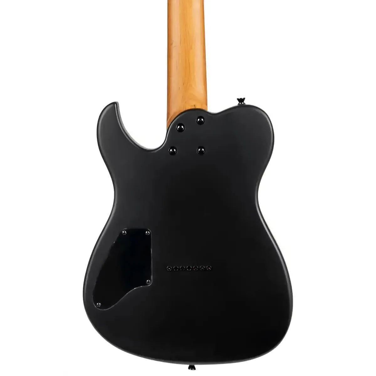 Back of a Spira T-407 MBK solid body black T-style 7-string electric guitar with a light wood neck.