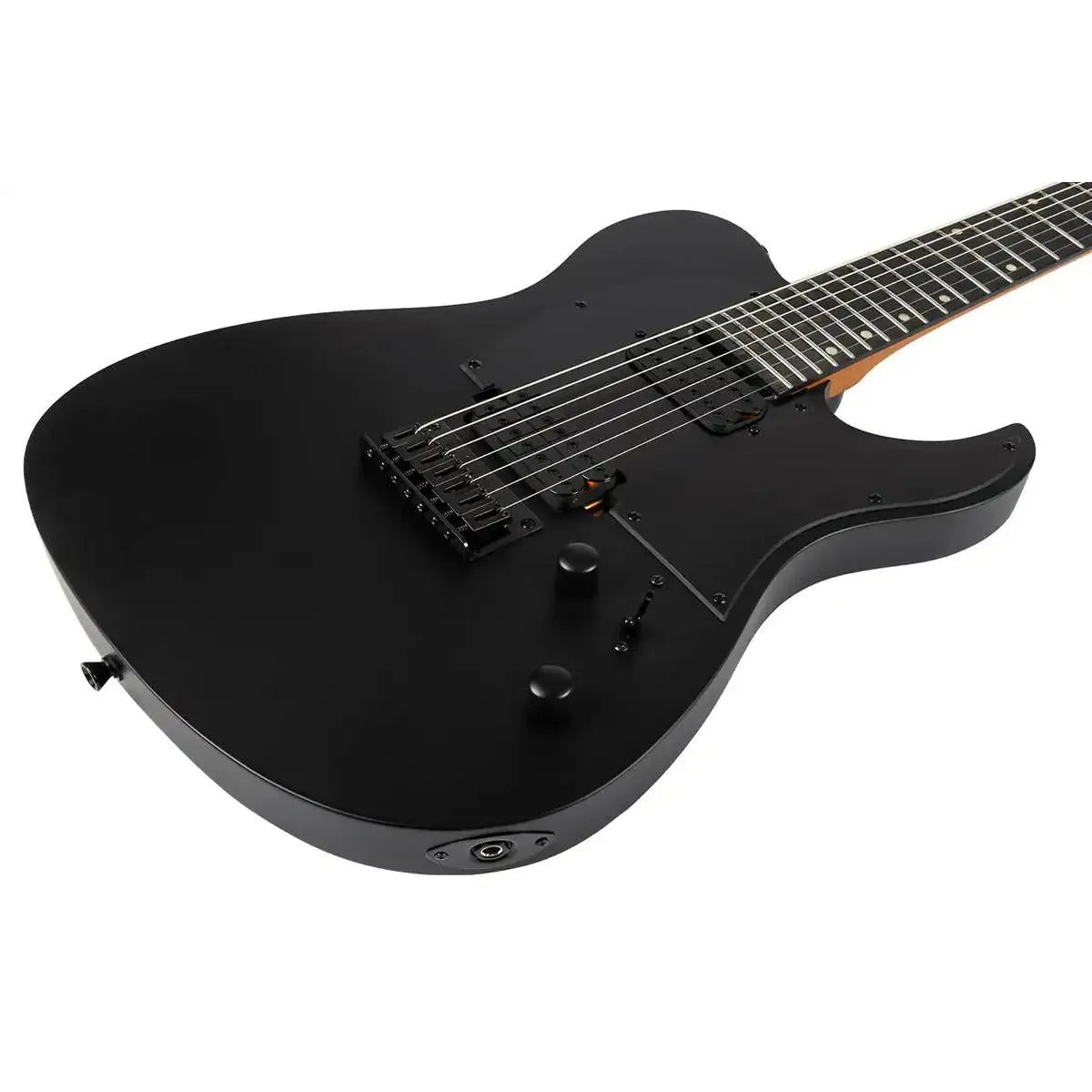 Spira T-407 MBK solid body black T-style 7-string electric guitar with satin finish and black hardware.