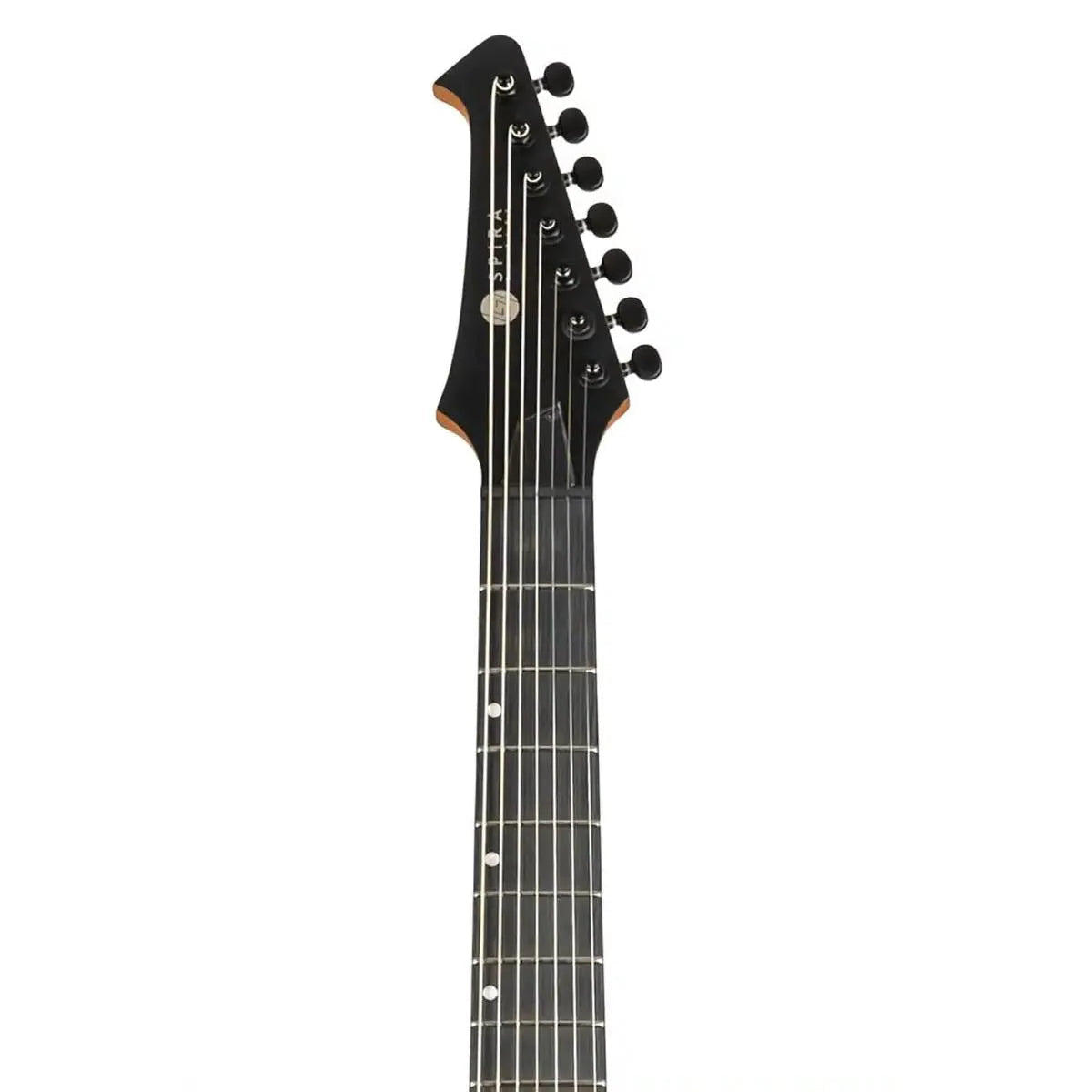 Spira T-407 MBK 7-string electric guitar headstock and fretboard, satin black finish, locking tuners.