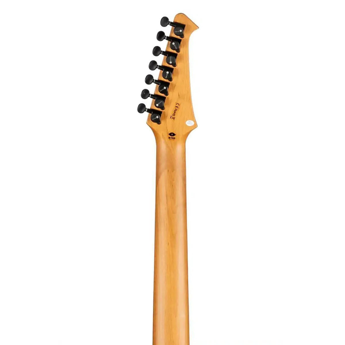 Back of Spira T-407 MBK 7-string electric guitar's roasted maple neck and black headstock with tuners.