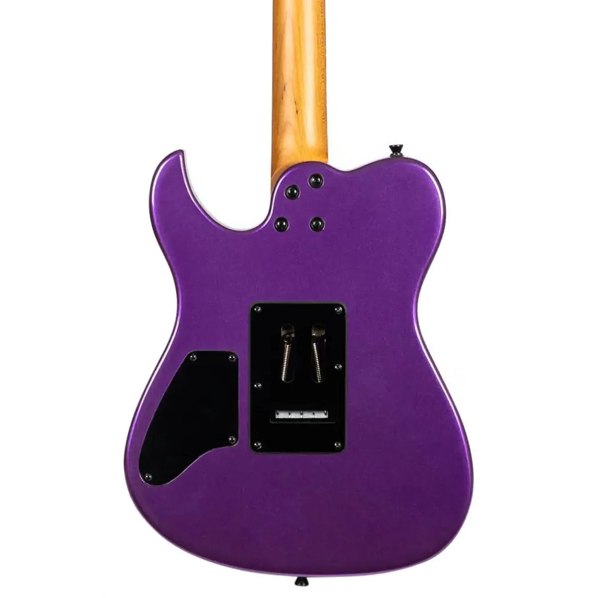 Back of Spira T-420 PP Telecaster electric guitar with metallic purple body and roasted maple neck.