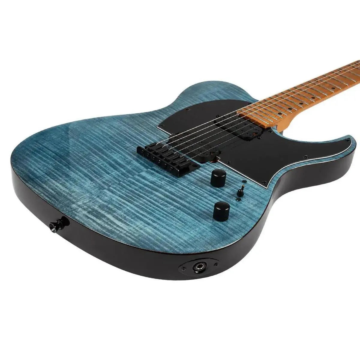 Spira T-450 TDB Transparent Blue Telecaster electric guitar with flamed maple top and black hardware.