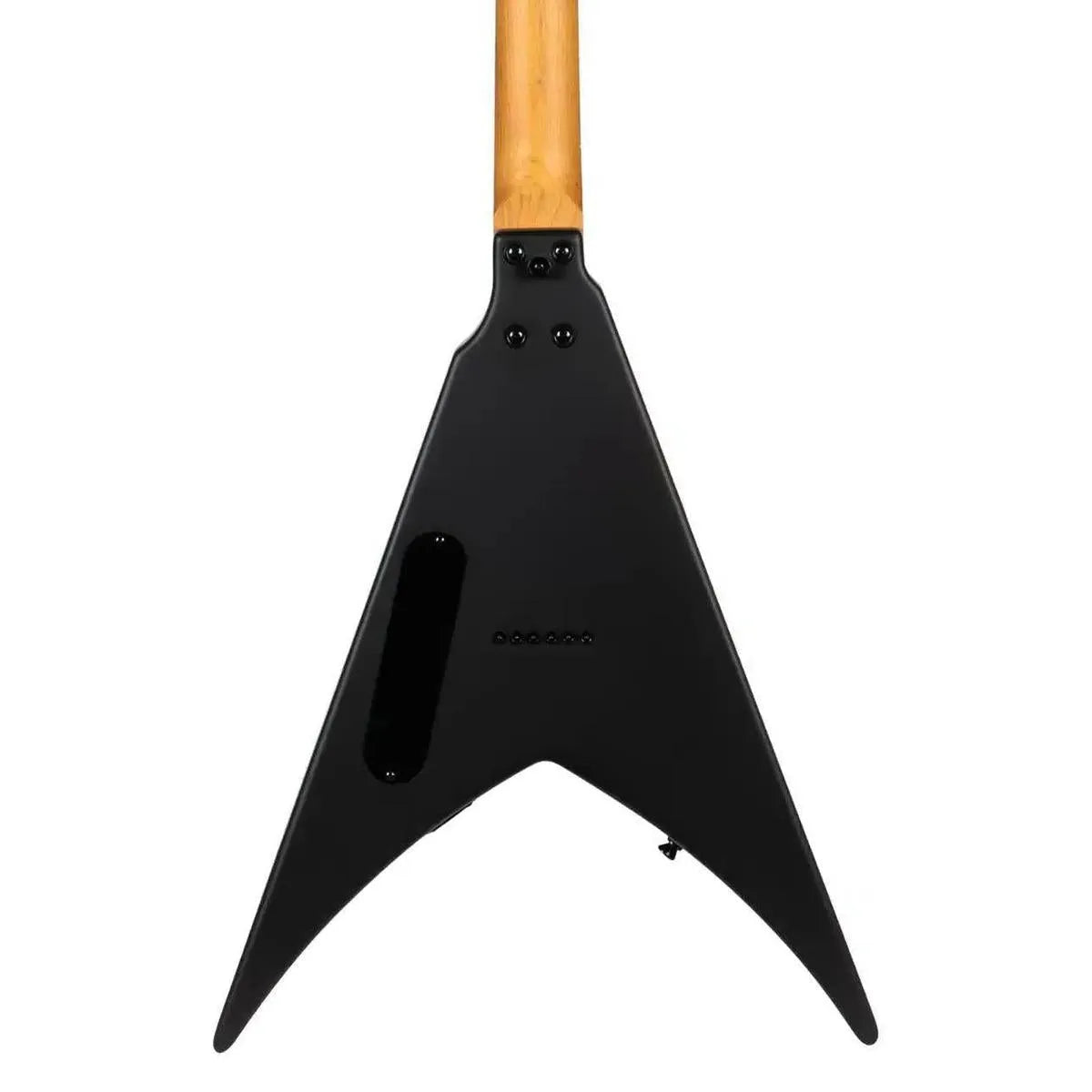 Spira V-400 MBK satin black solid body Flying V electric guitar, back view with maple neck.