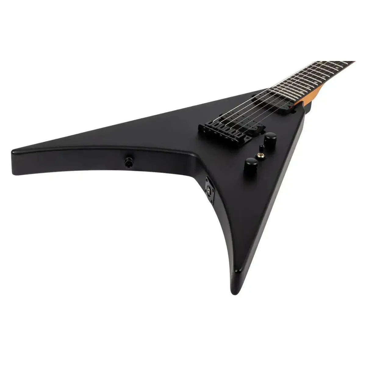 Spira V-400 MBK satin black solid body Flying V electric guitar with roasted maple neck.