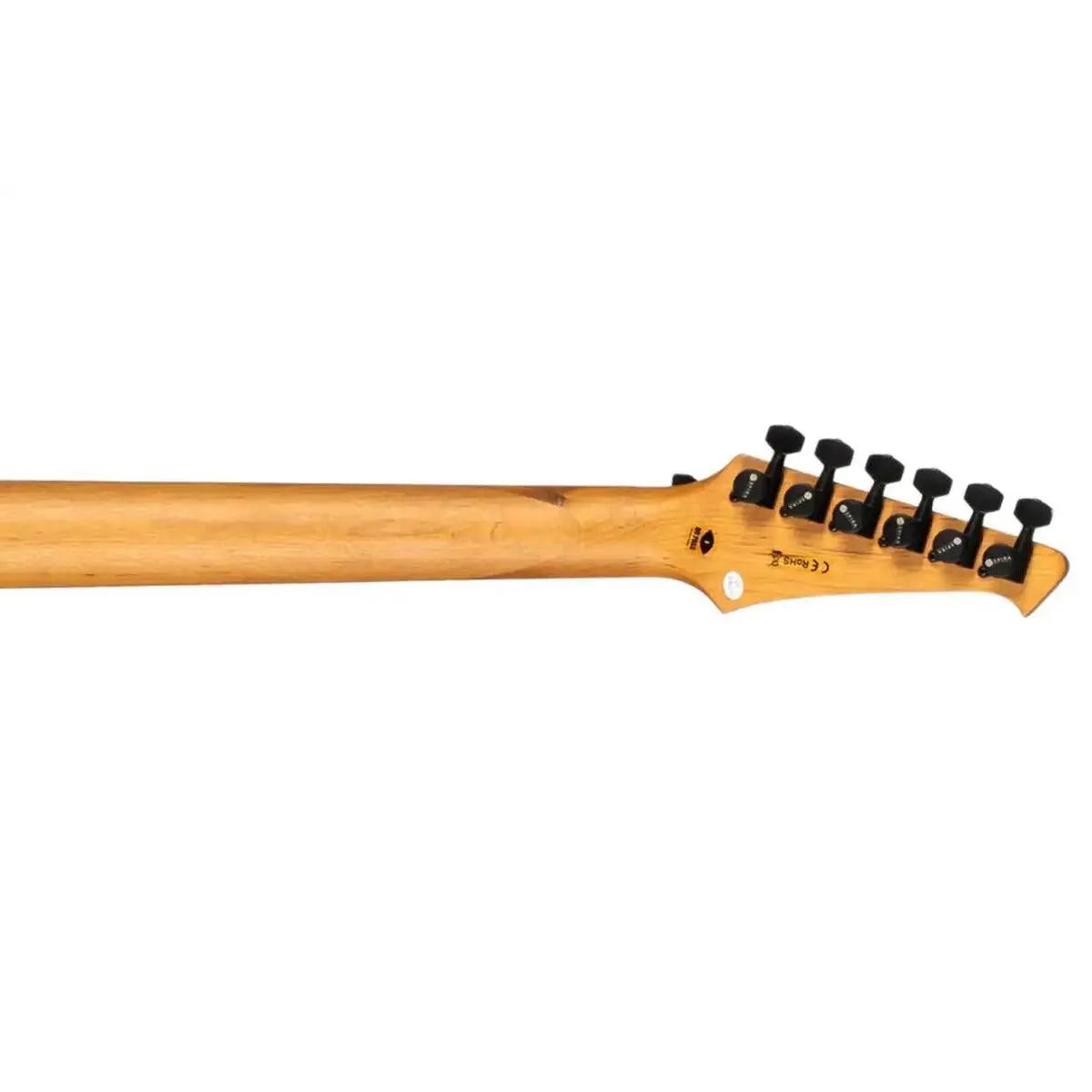 Spira V-400 MBK Flying V electric guitar's roasted maple neck and black headstock with tuners.