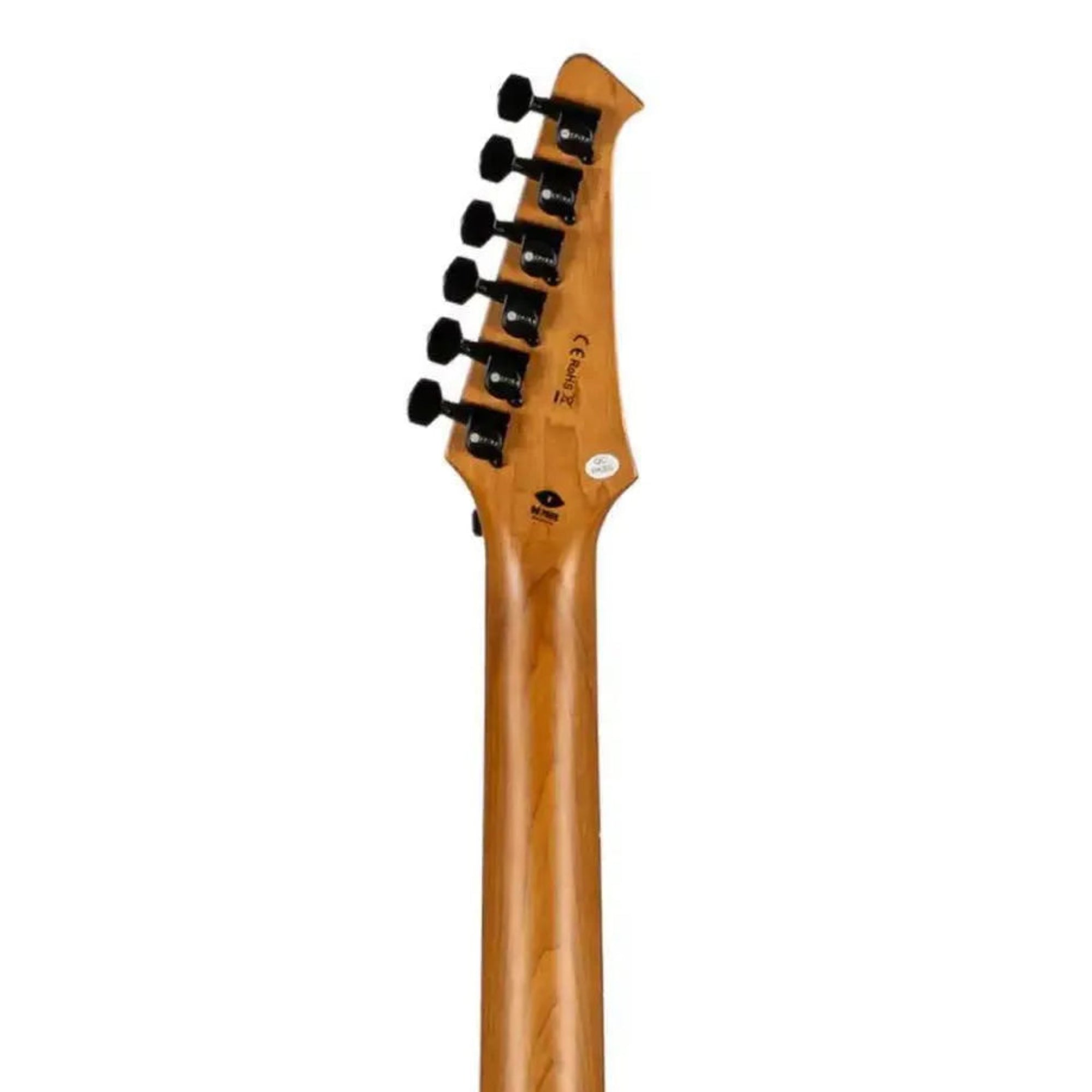 Spira V-420 electric guitar neck and headstock with black tuners and roasted maple finish.