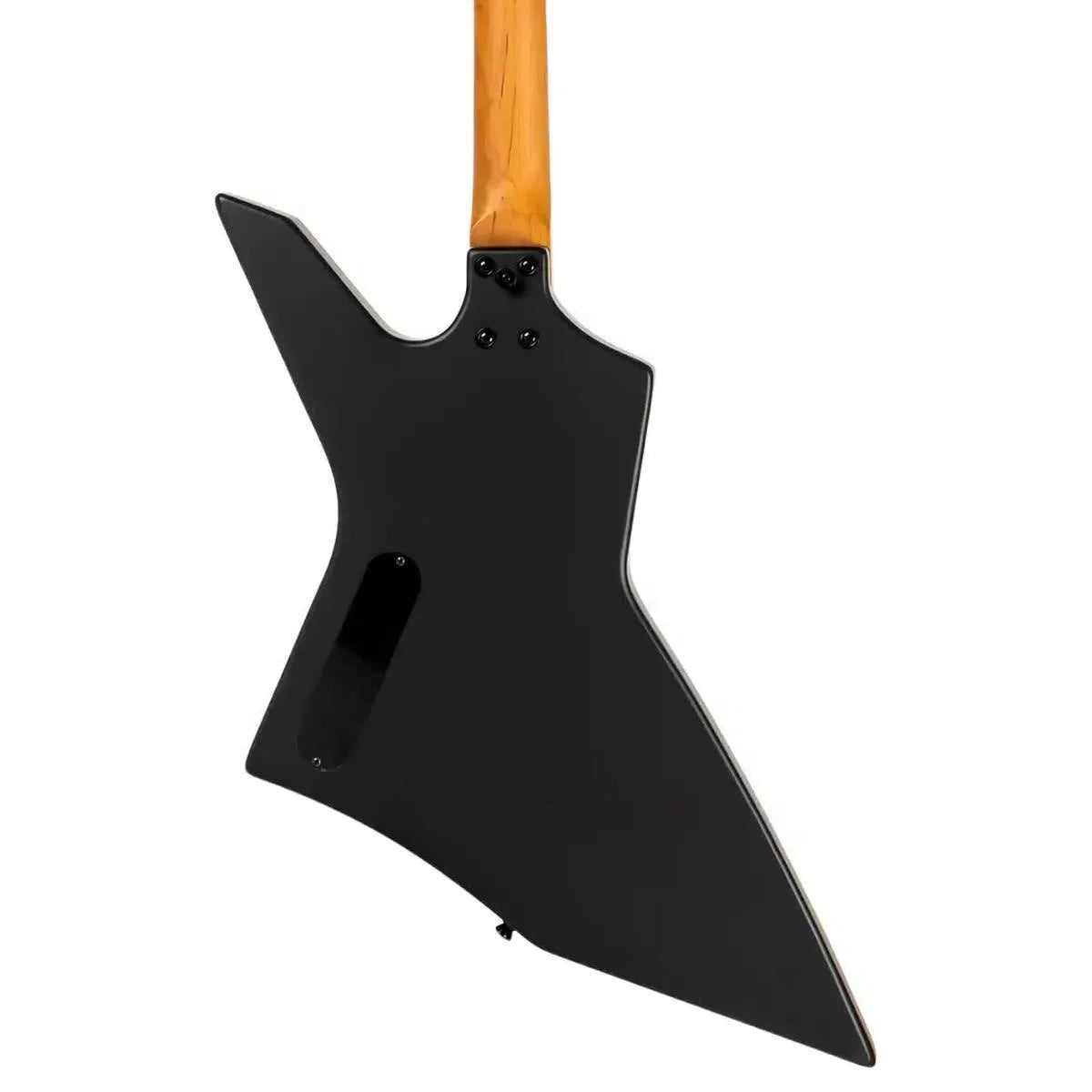 Spira X-400 MBK satin black solid body offset electric guitar, back view, with roasted maple neck.