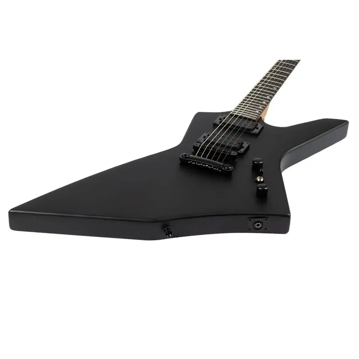 Spira X-400 MBK satin black solid body offset electric guitar with black hardware.