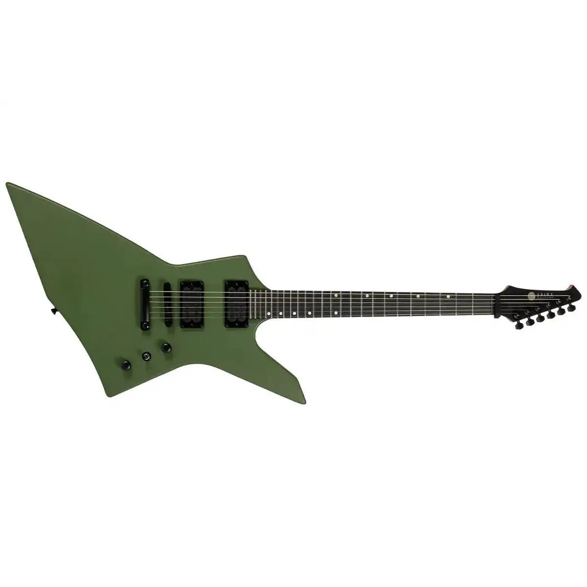 Spira X-400 MGR satin green solid body offset electric guitar with black hardware.