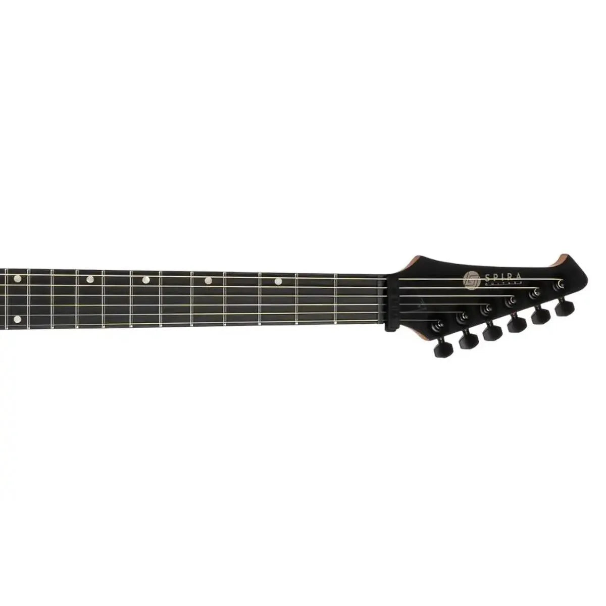 Spira X-400 MGR electric guitar headstock and fretboard with black tuners and white fret markers.