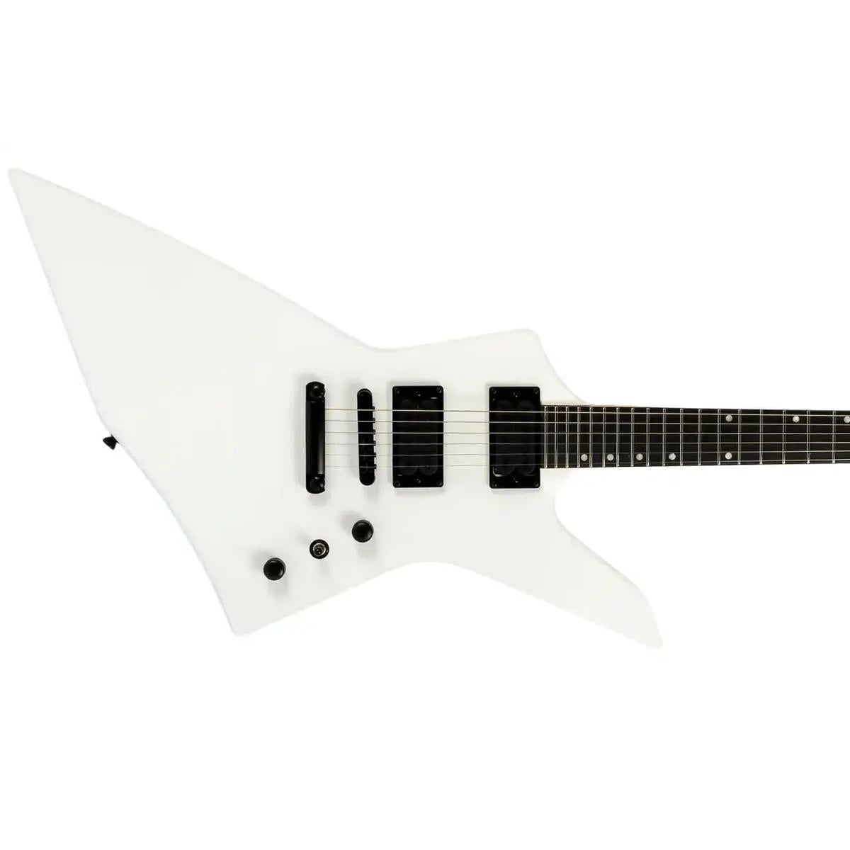 Spira X-400 MWH satin white offset electric guitar with black humbuckers and controls.