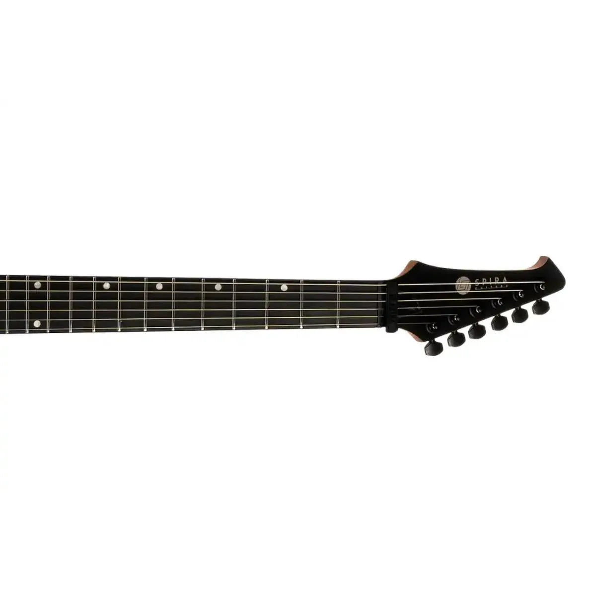 Spira X-400 electric guitar headstock and fretboard with black tuners and ebony tech material.