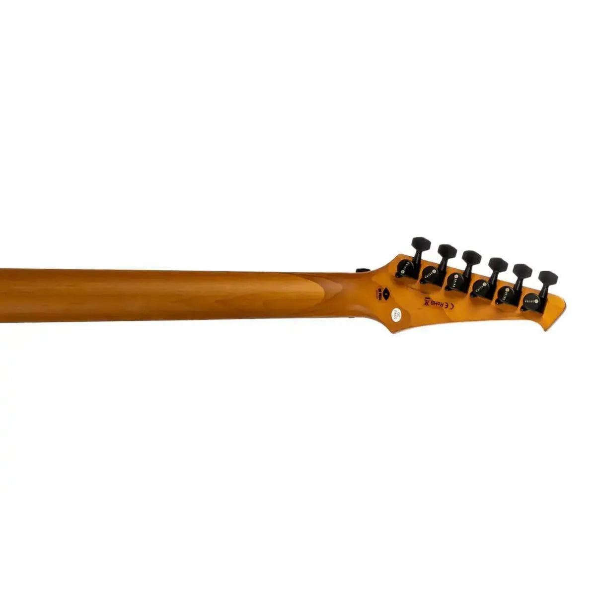 Spira X-400 electric guitar's roasted maple neck and headstock with black tuning machines.