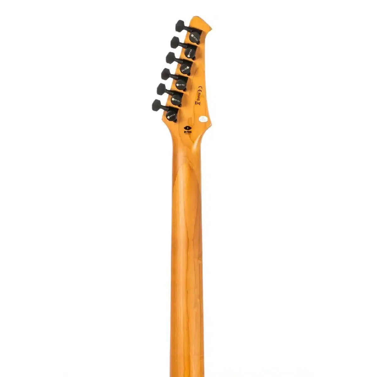 Spira X-500 electric guitar headstock and roasted maple neck with black tuners.