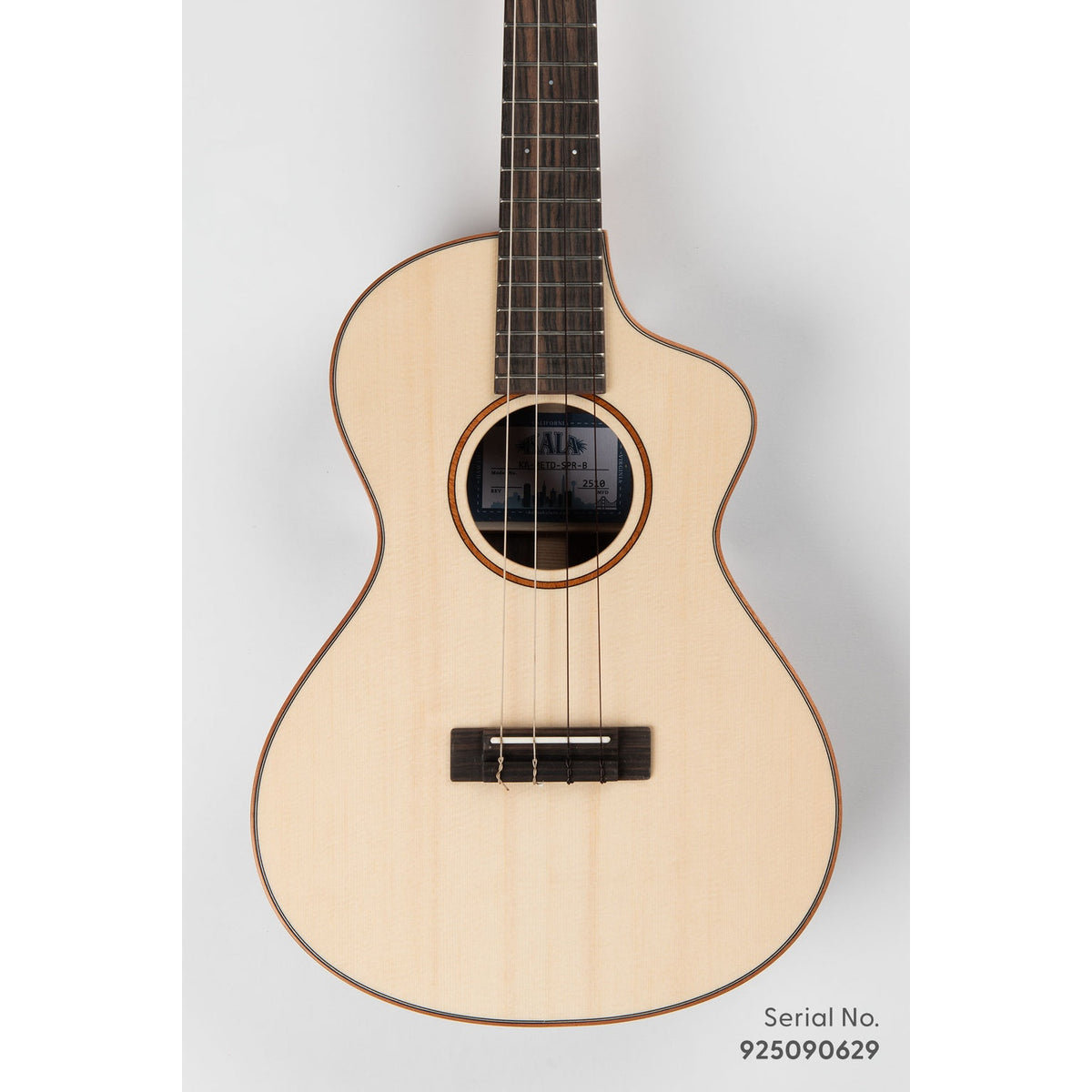 Kala METD-SPR-B Metropolitan Deluxe baritone ukulele, serial 925090629, front view showing the solid spruce top and mahogany rosette