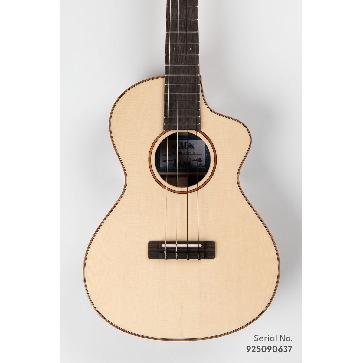Kala METD-SPR-B Metropolitan Deluxe baritone ukulele, serial 925090637, front view showing the solid spruce top and mahogany rosette