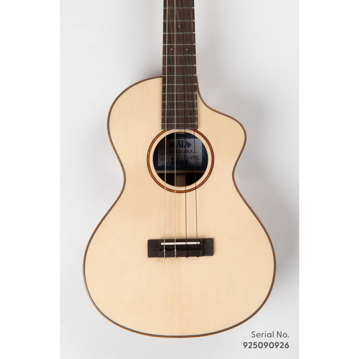Kala METD-SPR-B Metropolitan Deluxe baritone ukulele, serial 925090926, front view showing the solid spruce top and mahogany rosette