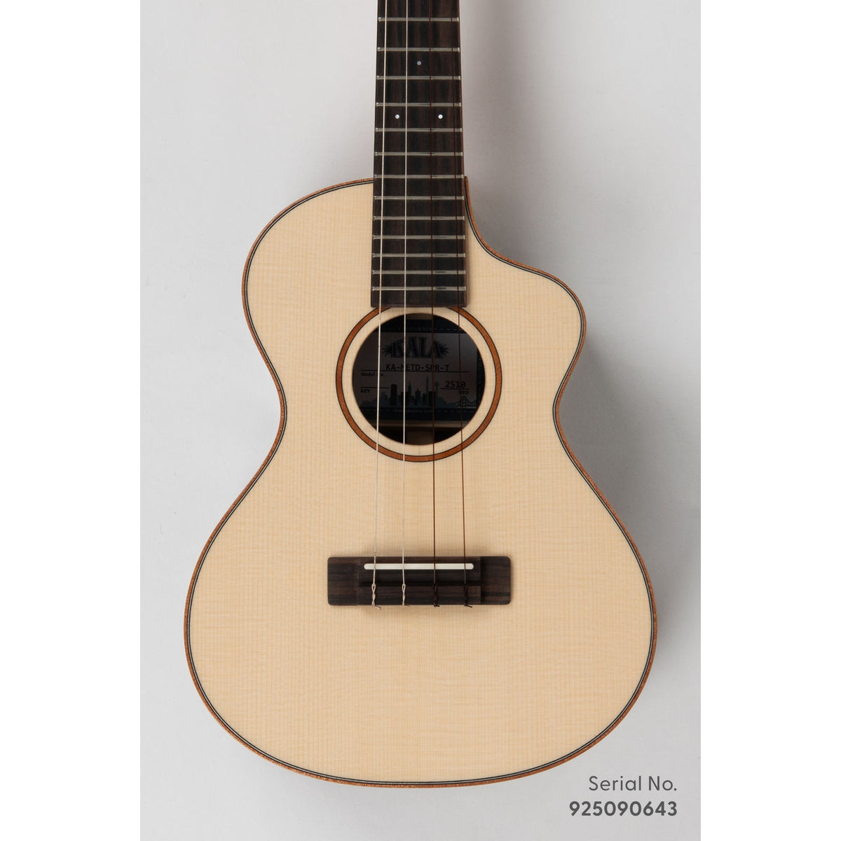 Kala METD-SPR-T Metropolitan Deluxe tenor ukulele, serial 925090643, front view showing the solid spruce top and mahogany rosette