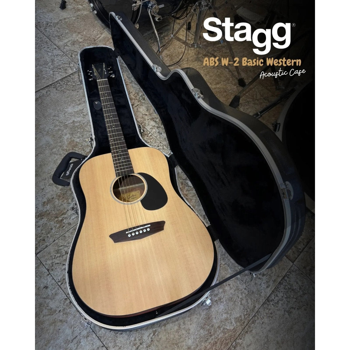 Stagg ABS-W 2 black ABS hardshell case opened with a natural-finish dreadnought acoustic guitar inside