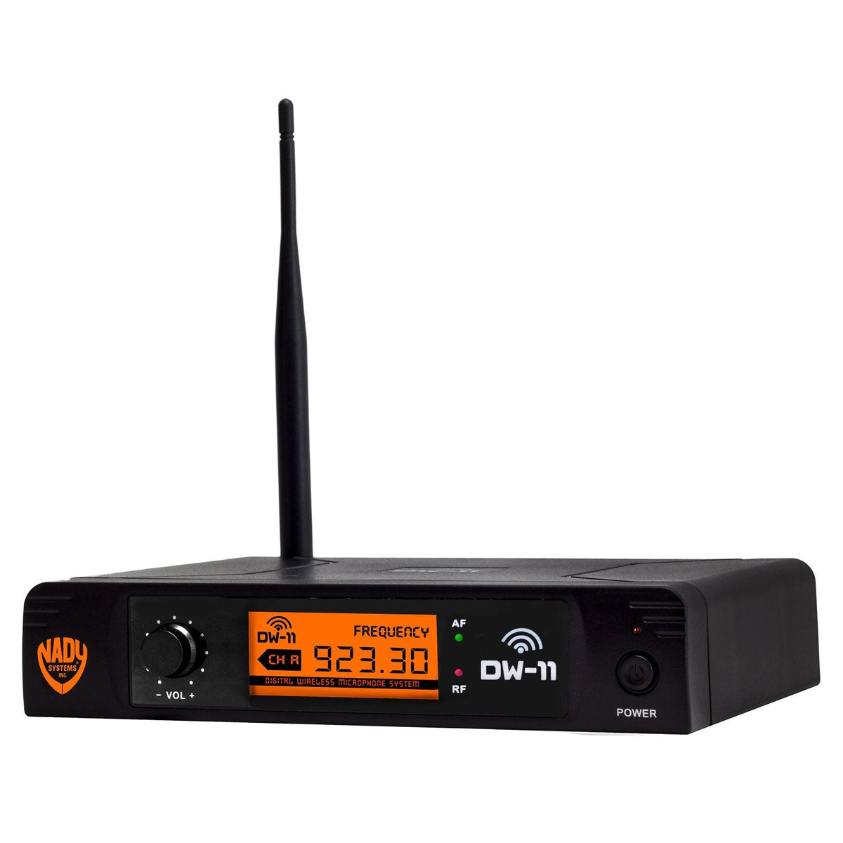 Nady DW-11 receiver, angled view with antenna, orange frequency display and volume knob